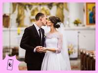 Couple kissing in a Christian church