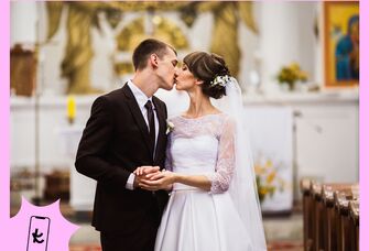 Couple kissing in a Christian church