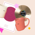 Collage of first anniversary gift ideas including map of the stars, kissing mugs and record clock