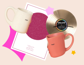 Collage of first anniversary gift ideas including map of the stars, kissing mugs and record clock