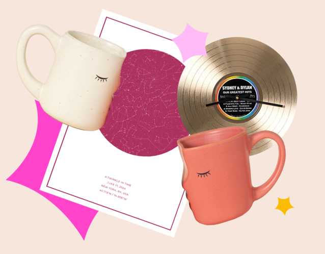 Collage of first anniversary gift ideas including map of the stars, kissing mugs and record clock