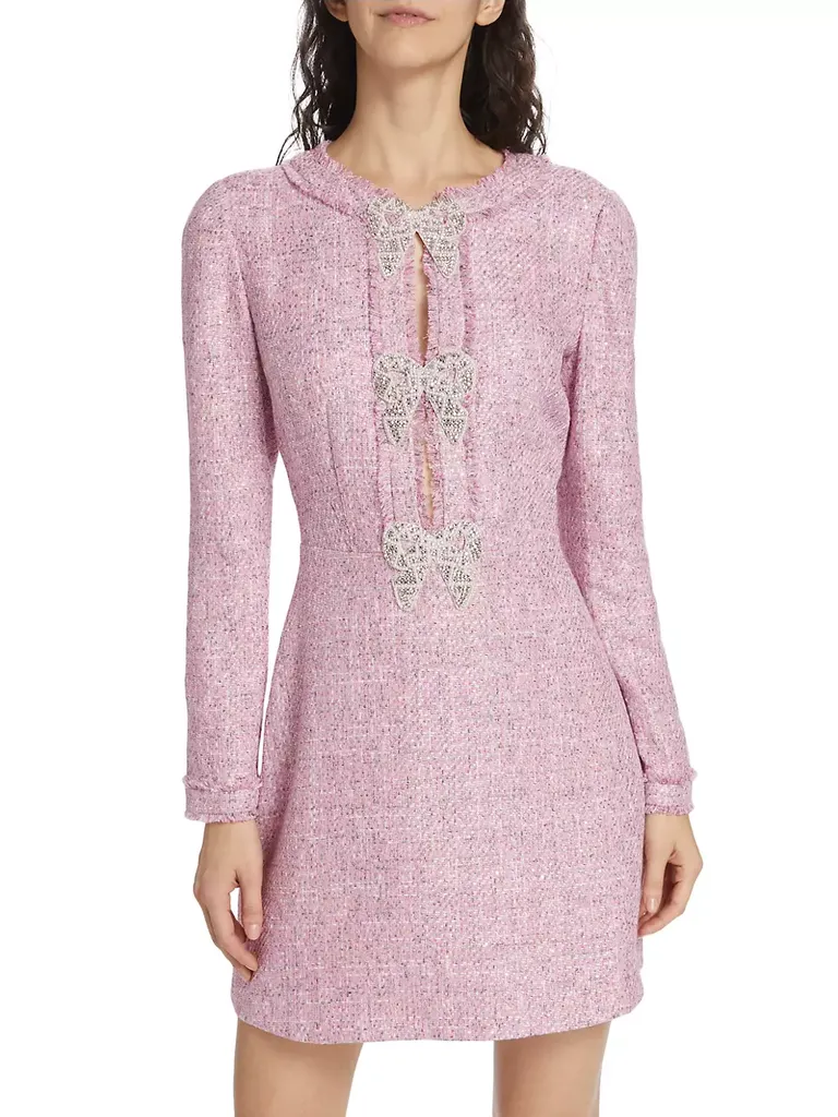 Pink Bow Tweed Long Sleeve Wedding Guest Minidress