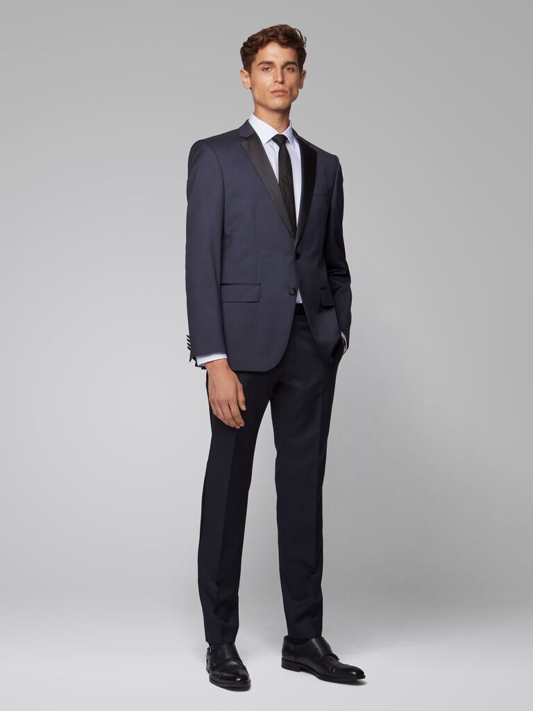 hugo boss navy and black slim fit suit jacket with silk detailing for what to wear to a halloween wedding