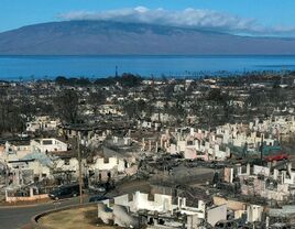 An aerial image shows destroyed homes and vehicles after a wind driven wildfire burned from the hills through neighborhoods to the Pacific Ocean, as seen in the aftermath of the Maui wildfires in Lahaina, Hawaii, on August 17, 2023. Embattled officials in Hawaii who have been criticized for the lack of warnings as a deadly wildfire ripped through a town insisted on August 16 that sounding emergency sirens would not have saved lives. At least 110 people died when the inferno levelled Lahaina last week on the island of Maui, with some residents not aware their town was at risk until they saw flames for themselves. (Photo by Patrick T. Fallon / AFP) 