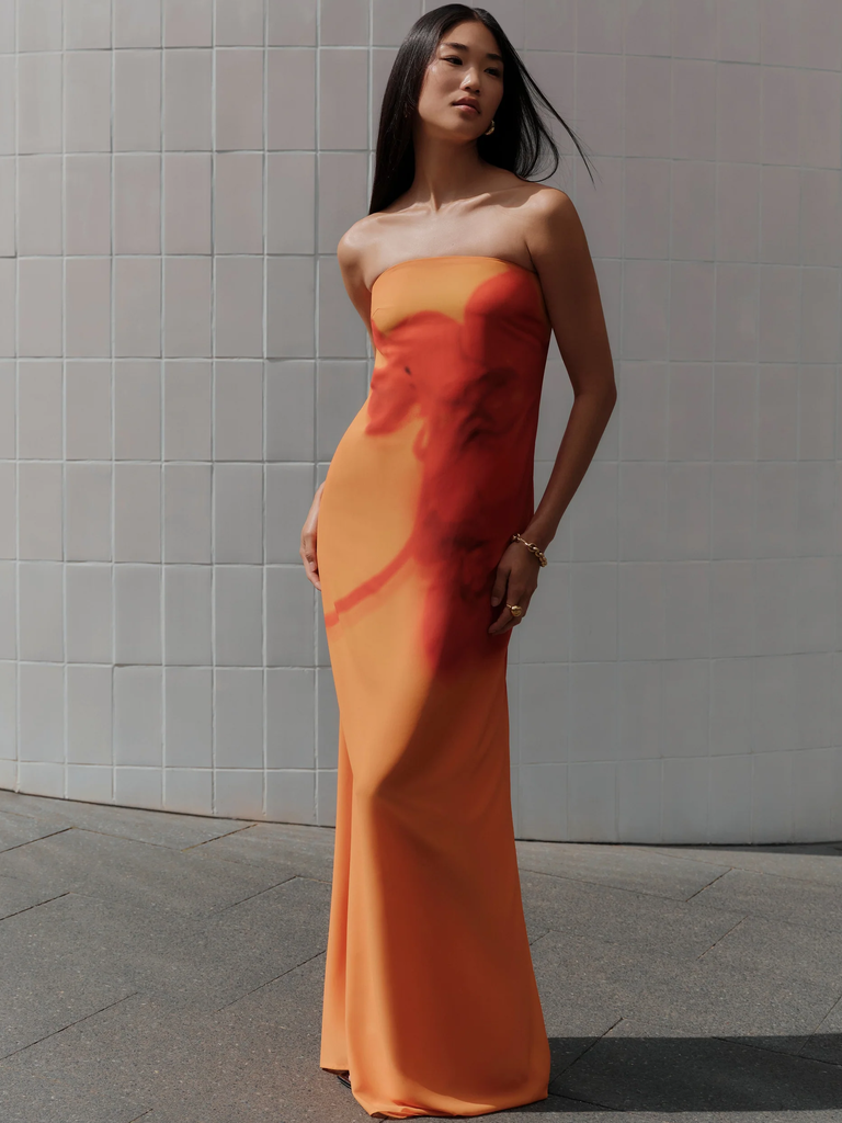 Meshki chiffon floral strapless bridesmaid rehearsal dinner dress