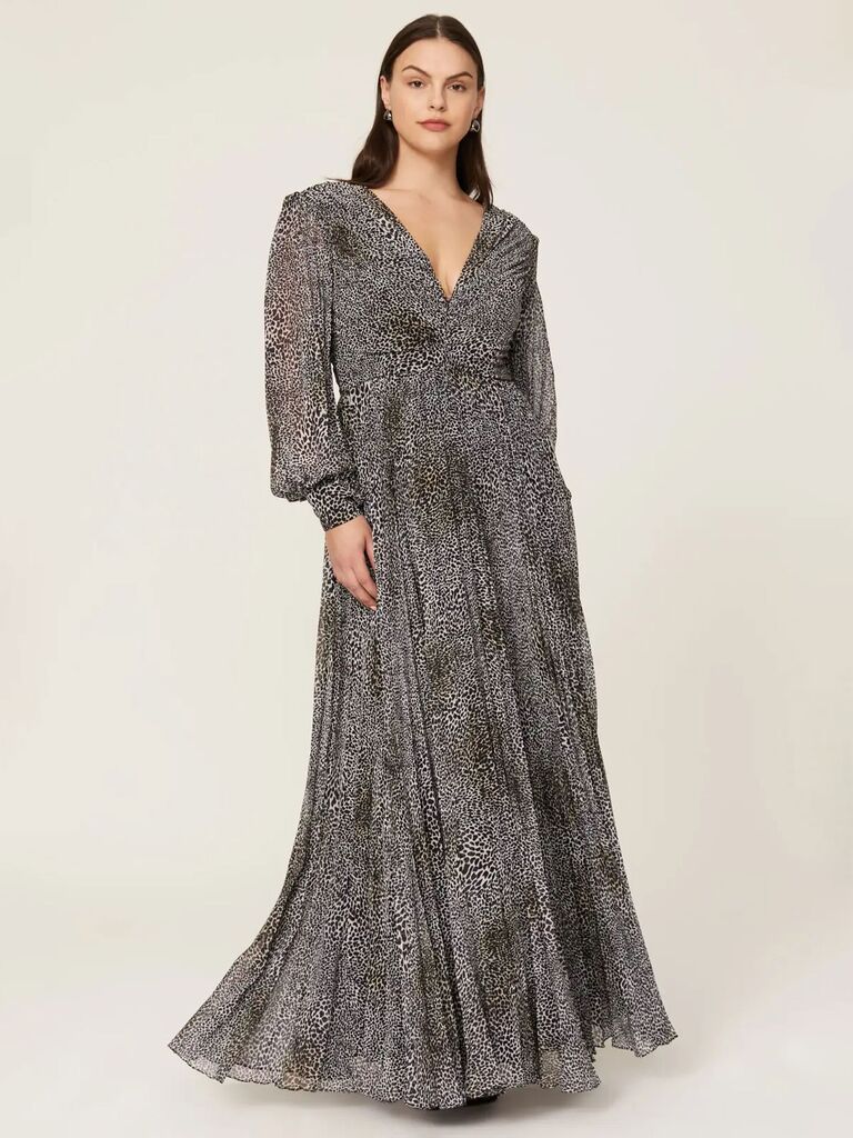 Badgley Mischka shirred leopard long-sleeve rental gown from Rent the Runway