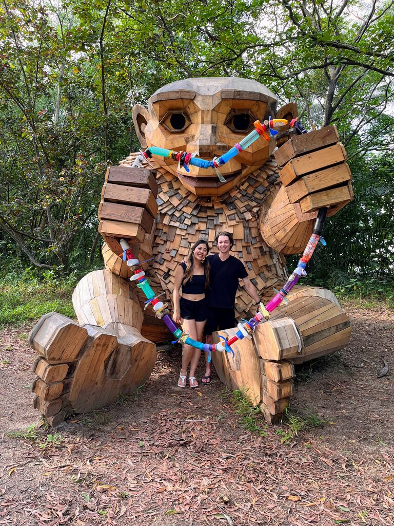 When life gives us giant sculptures, we go out of our way to catch them all. Let's just say our travel itineraries never go as planned! (Recycled art in Singapore)