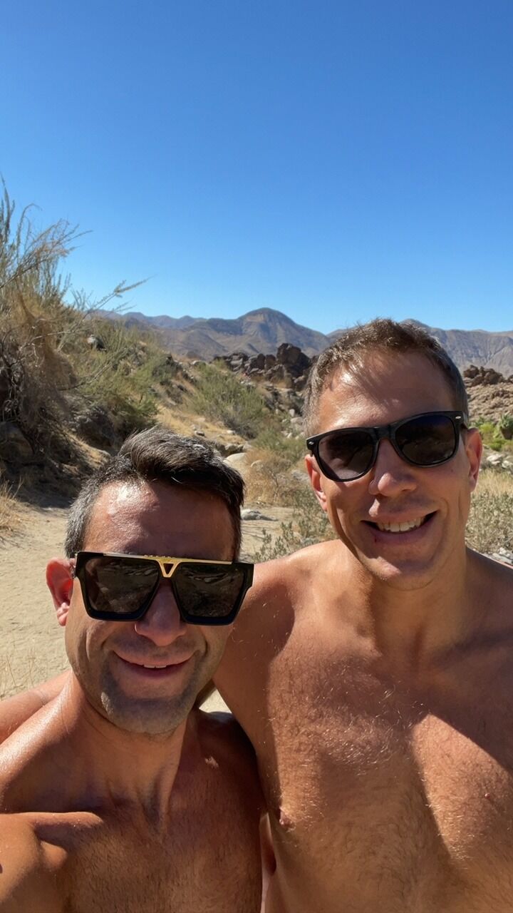 Climbing rocks together in Palm Springs, California