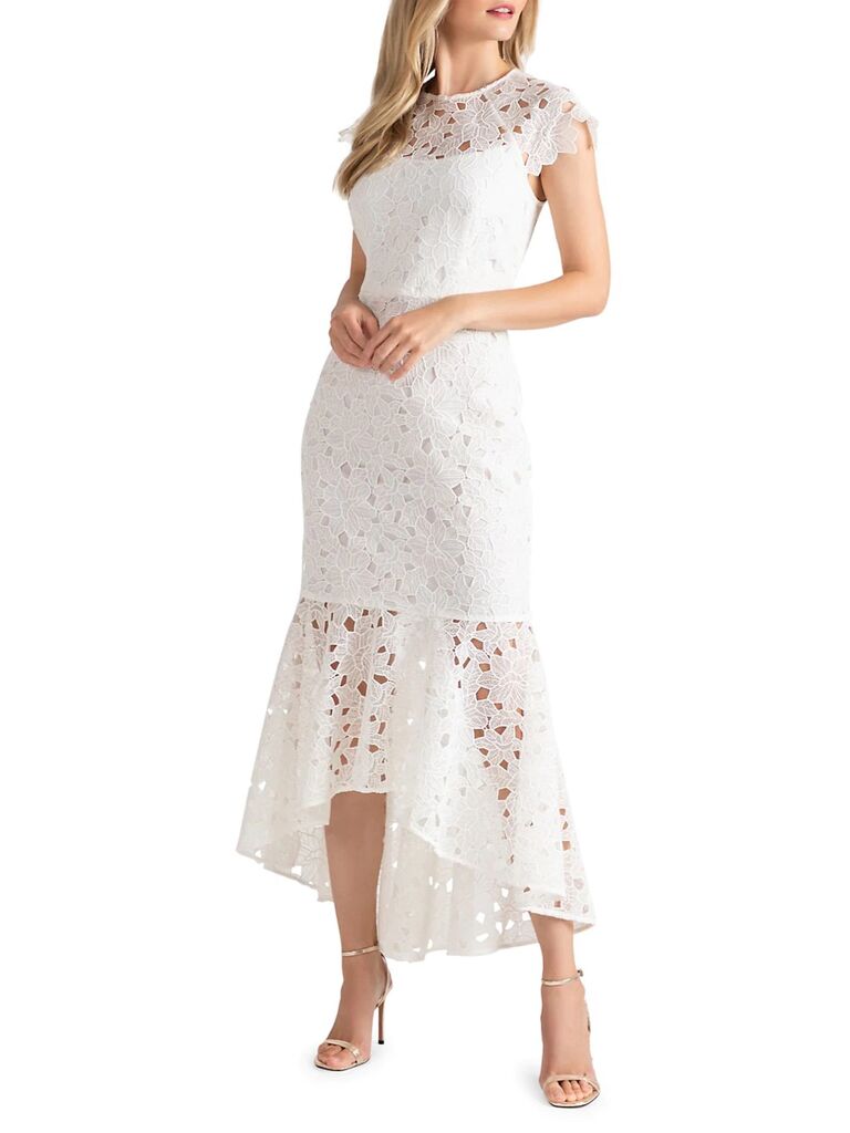 Mermaid lace dress with subtle high-low and cap sleeves