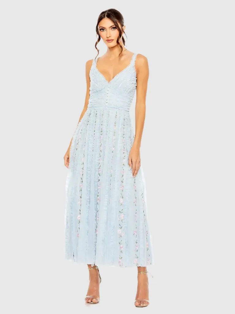 Blue ruffle floral midi mommy and me dress for wedding from Mac Duggal