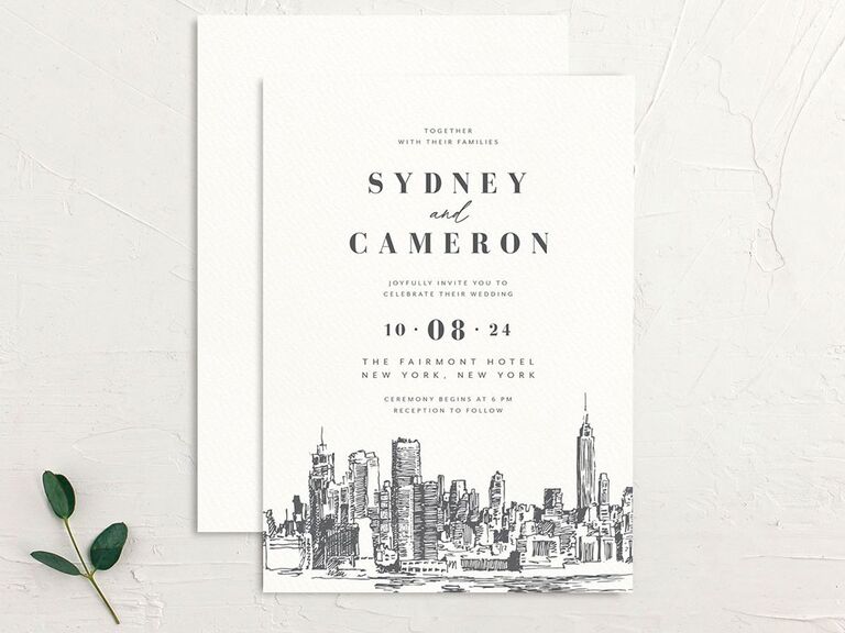 Destination wedding invitation New York skyline illustration