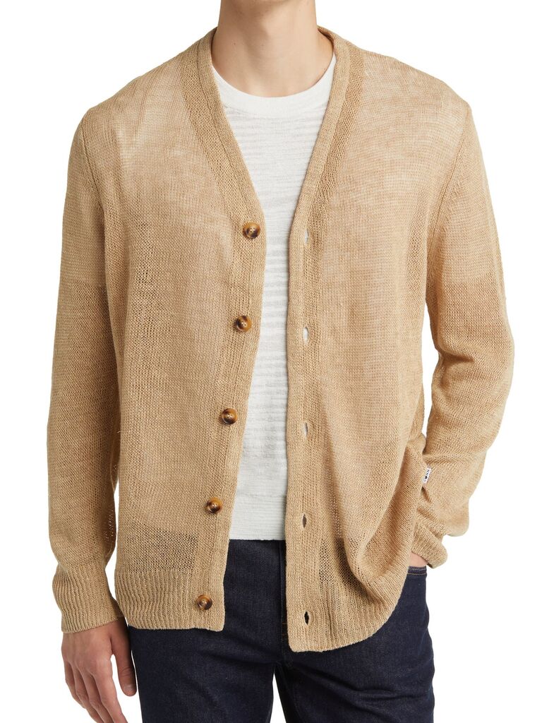 A beige linen cardigan with brown buttons and a V neckline for men from Nordstrom