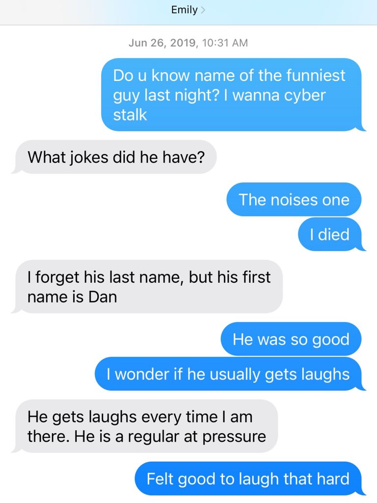Love at first joke??? First date in May 2021 post-quarantine after an outdoor comedy show — Jessica told her coworkers at happy hour that day that she was going to find her boyfriend that night but didn’t know it would be Dan. AWWWWW
