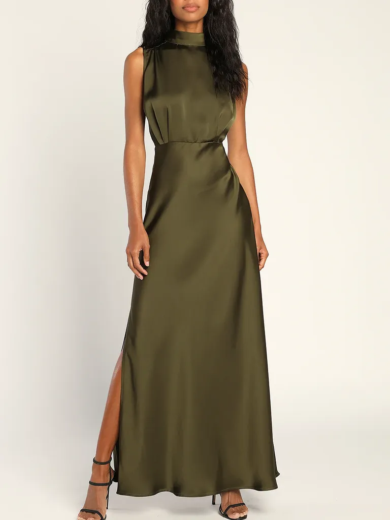 Olive green maxi winter wedding guest dress from Lulus