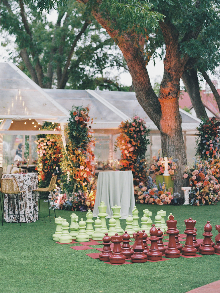 Maximalist wedding with giant chess set