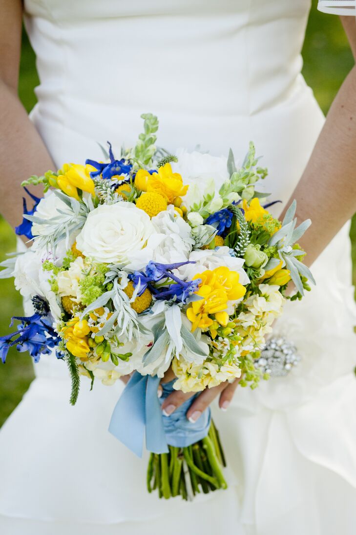 Yellow White and Blue Bridal Bouquet