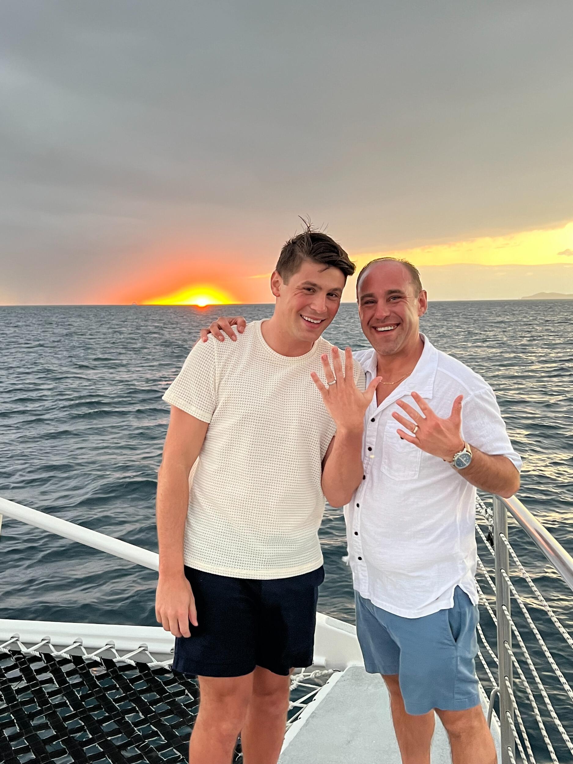 Tony booked a catamaran trip in the turquoise Caribbean seas surrounding the beautiful US Virgin Islands (USVI). About 45 minutes into the sail, Tony was down on one-knee and asked the question "will you marry me?". Dillon immediately got emotional with tears of joy and responded "Yes!" and Tony put the ring on Dillon's hand. Afterwards, Dillon and Tony celebrated by watching the Super Bowl LVIII with Dillon's mother and grandfather - St. Thomas