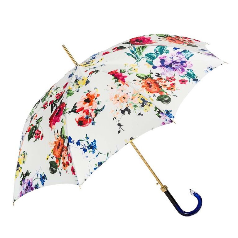 Colorful umbrella with a bold floral print. 