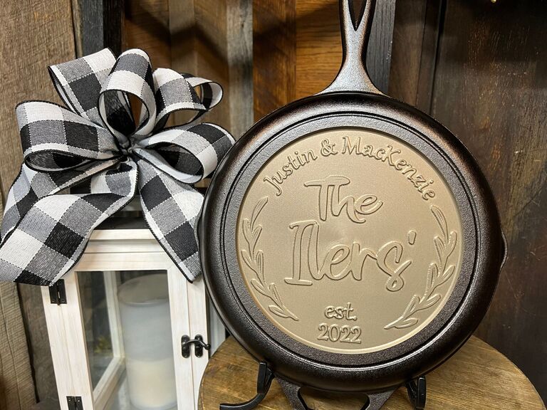 Custom cast-iron pan featuring a couples' names and their anniversary year Etsy wedding gift idea