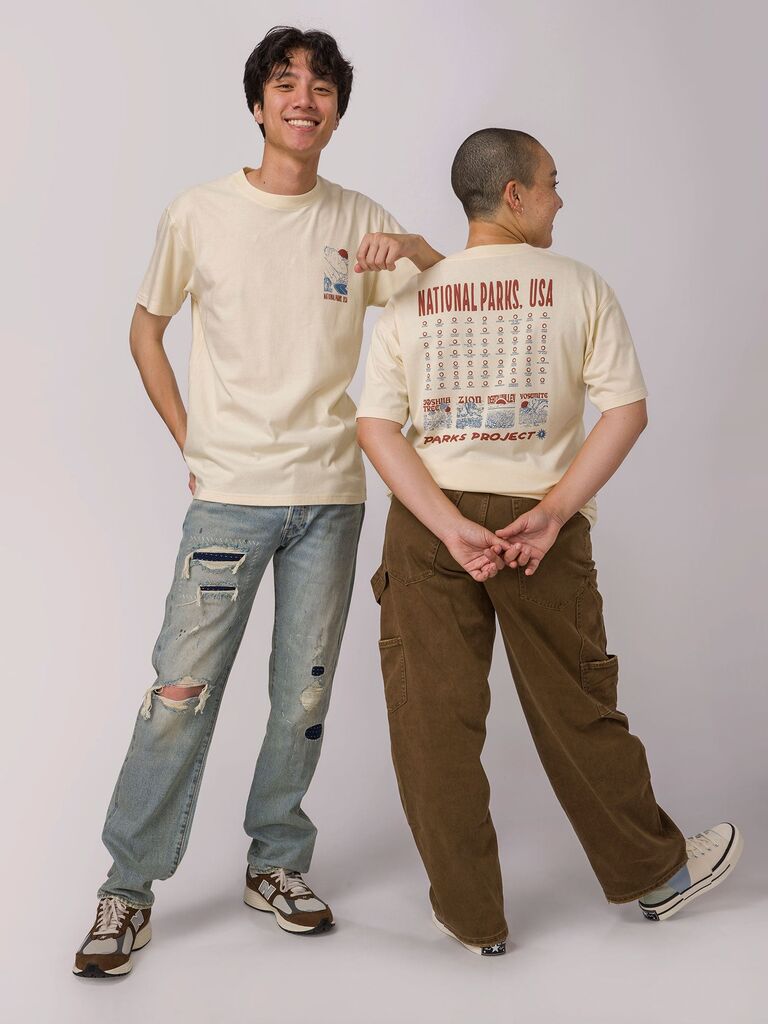 National Parks themed T-shirt new relationship gift shown on two models front and back