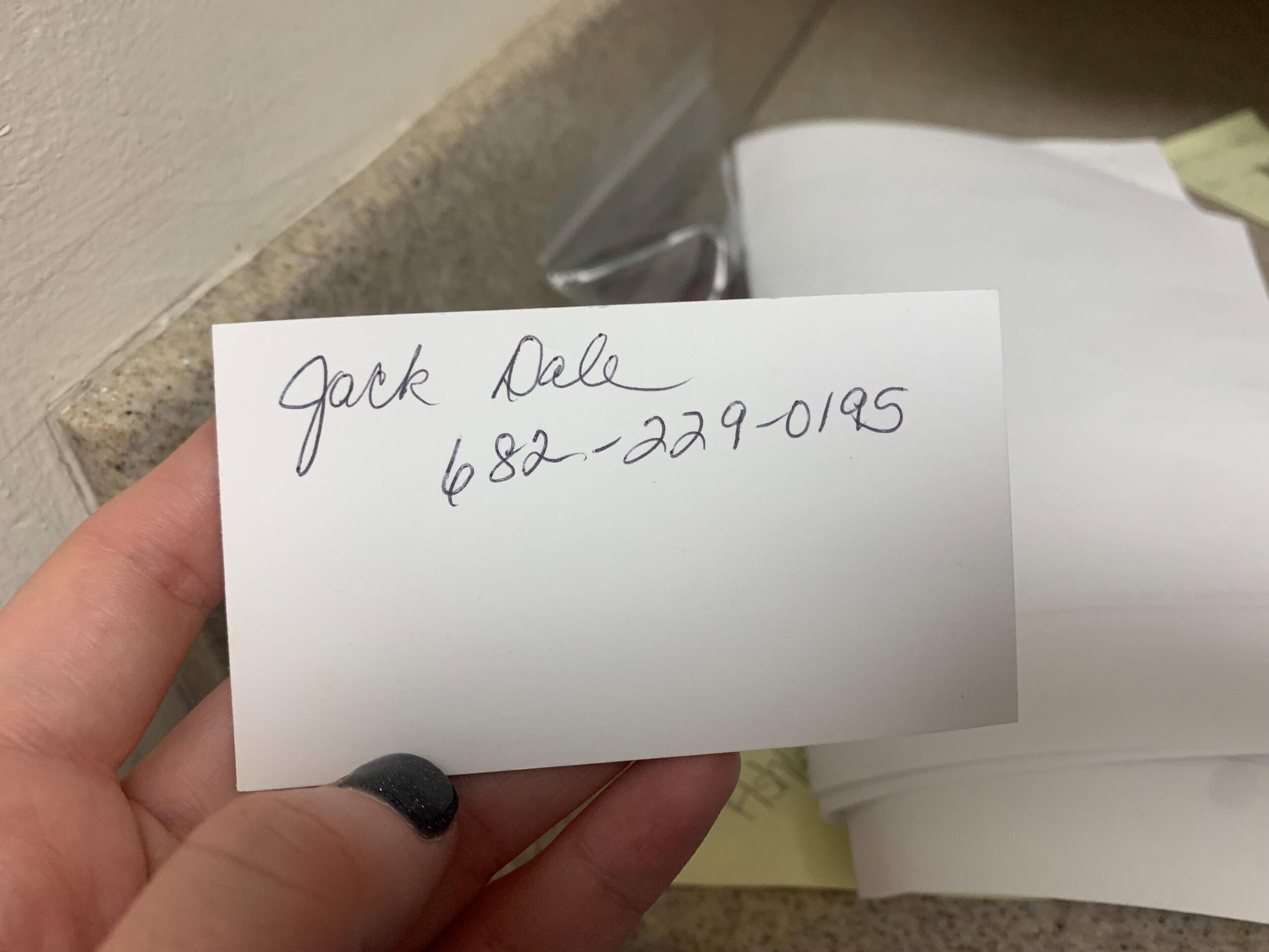 The day we met- the business card Jack's Grandmother gave Ashley