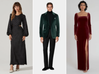 Collage of three winter wedding guest dresses