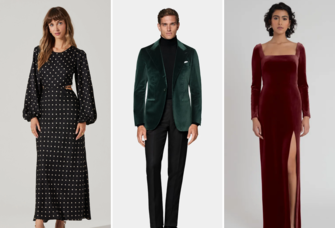 Collage of three winter wedding guest dresses