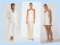 Collage of three models wearing various outfits for a courthouse wedding. 