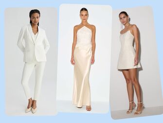 Collage of three models wearing various outfits for a courthouse wedding. 