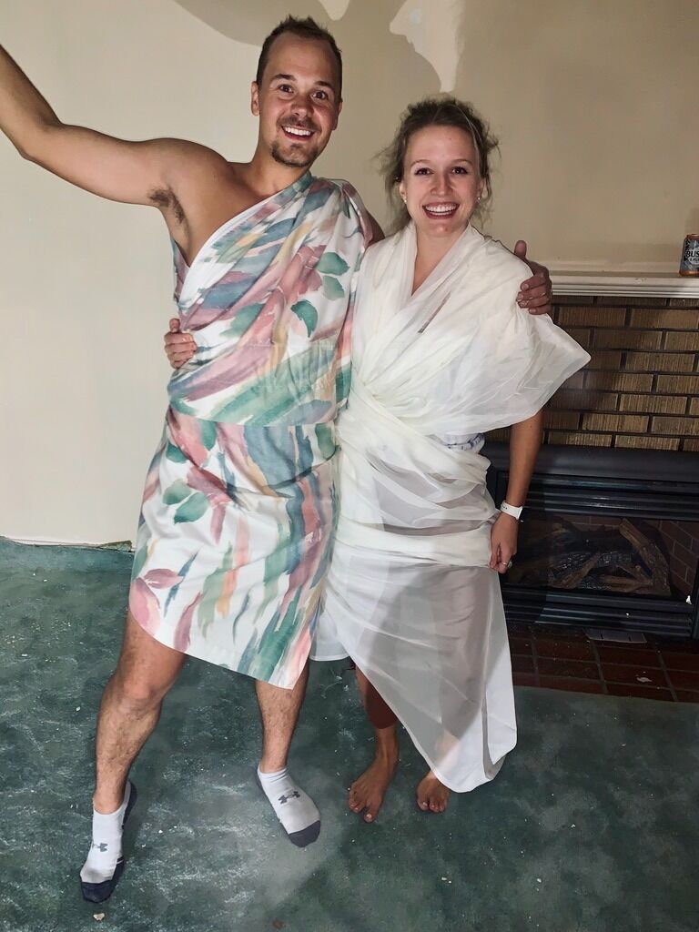 Impromptu toga party with the curtains from our first renovation project at the new house!
Blue carpet anyone?