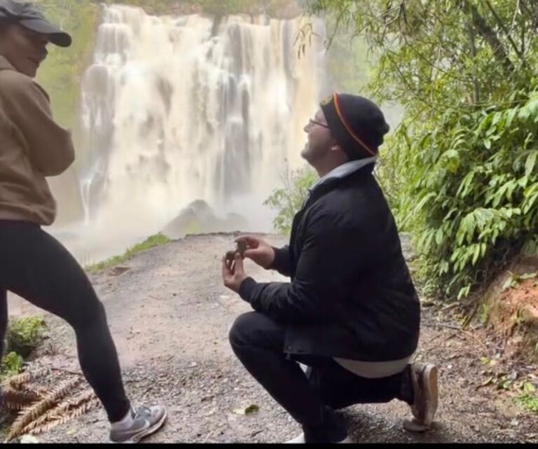 Engaged in Marokopa Falls, New Zealand