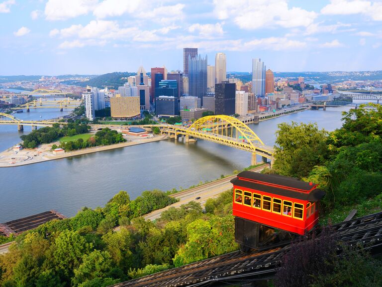Red funicular trolley overlooking Pittsburgh