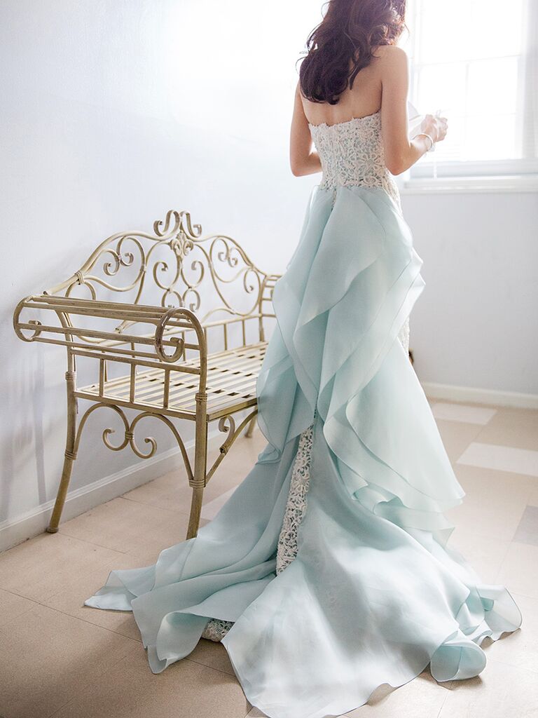 light blue and white wedding dress