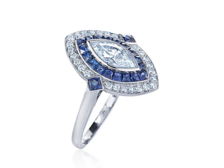 kwait platinum marquise diamond and sapphire engagement ring with platinum band