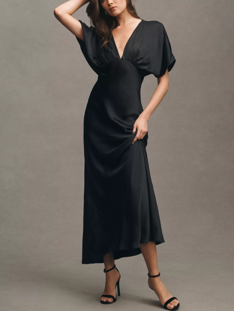 BHLDN black flutter sleeve black tie gown
