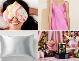 Collage of four silk anniversary gift ideas including eye masks, slip dress, candle, and pillowcase