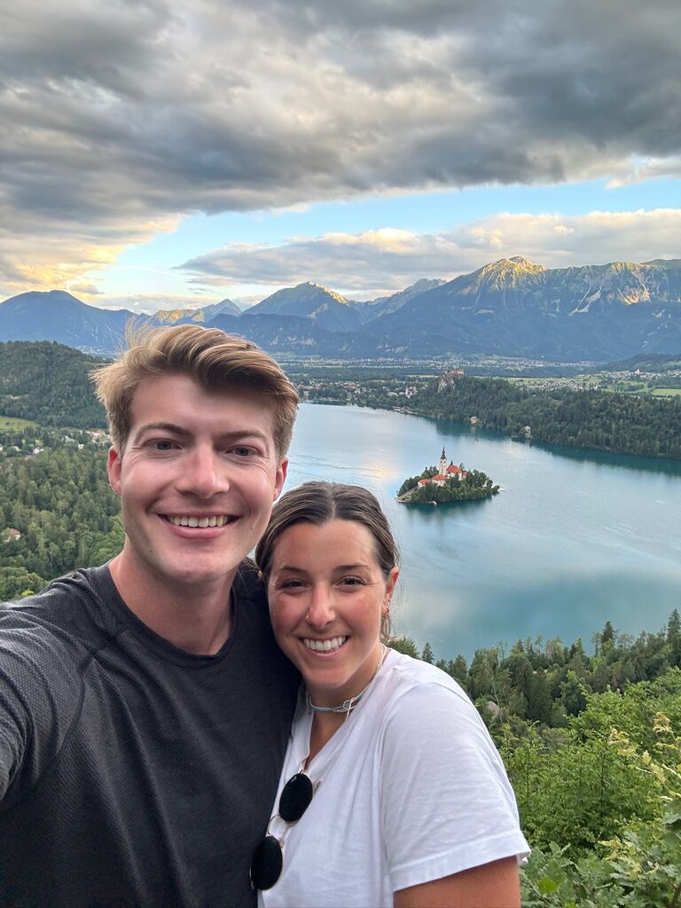 Our first country together, Slovenia, Emma made me hike this hill while I had mono.