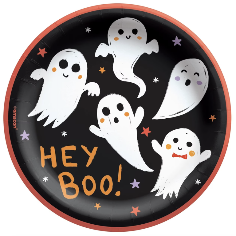 Cartoon ghosts 'hey boo!' paper plates for halloween bridal shower