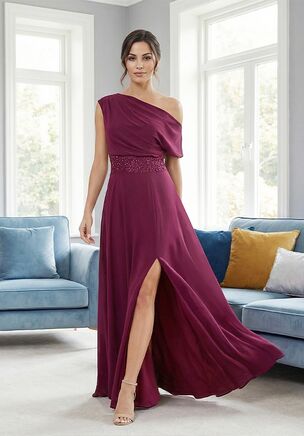 Sophisticated and striking, this Matte Jersey A-line gown is a stylish choice for the Mother of the Bride. The draped, relaxed bodice features an asymmetrical off-the-shoulder neckline for a modern, flattering silhouette, while a wide embroidered lace waistband accentuates the natural waist with elegance. Flowing gracefully into an A-line skirt, this gown combines timeless sophistication with subtle, eye-catching details for a polished, confident look.