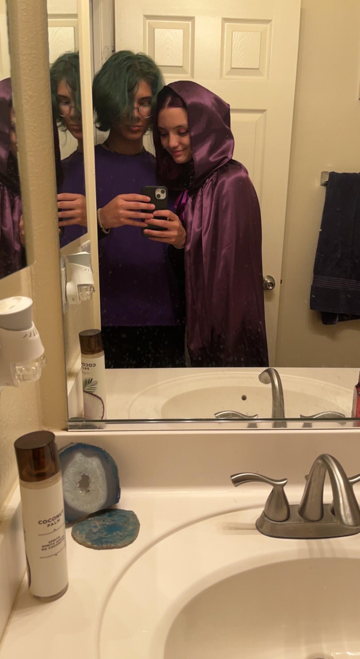 Nathan’s first Halloween!! Dressed up as Beast Boy and Raven from Teen Titans (and dyed our hair fun colors)