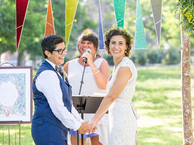 colorful outdoor same-sex wedding ceremony