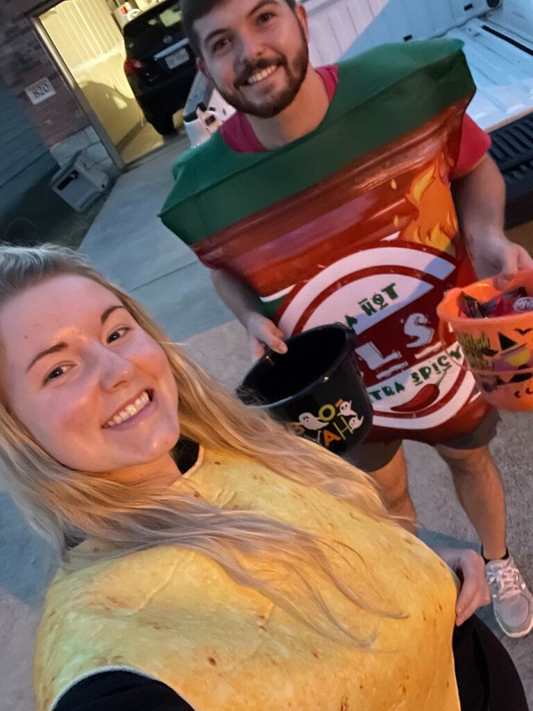 Our famous Halloween costume haha! Chips and salsa! (Our favorite snack)