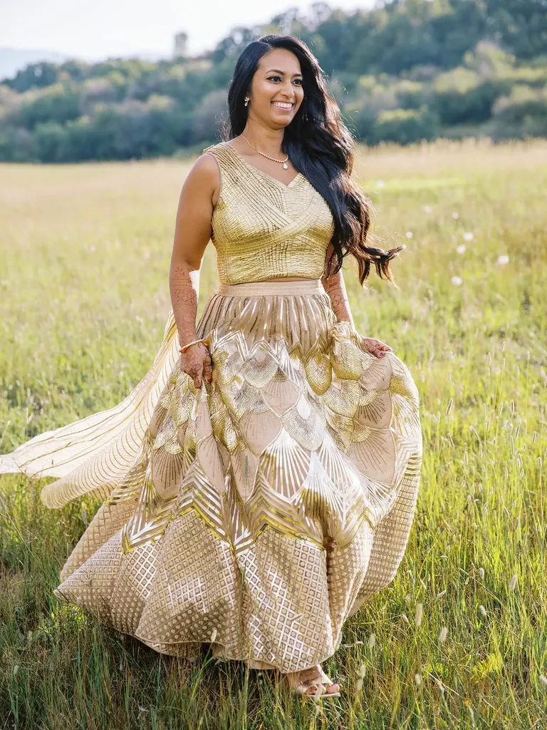 Bride in Gold Lehenga in Open Field in Aspen, Colorado