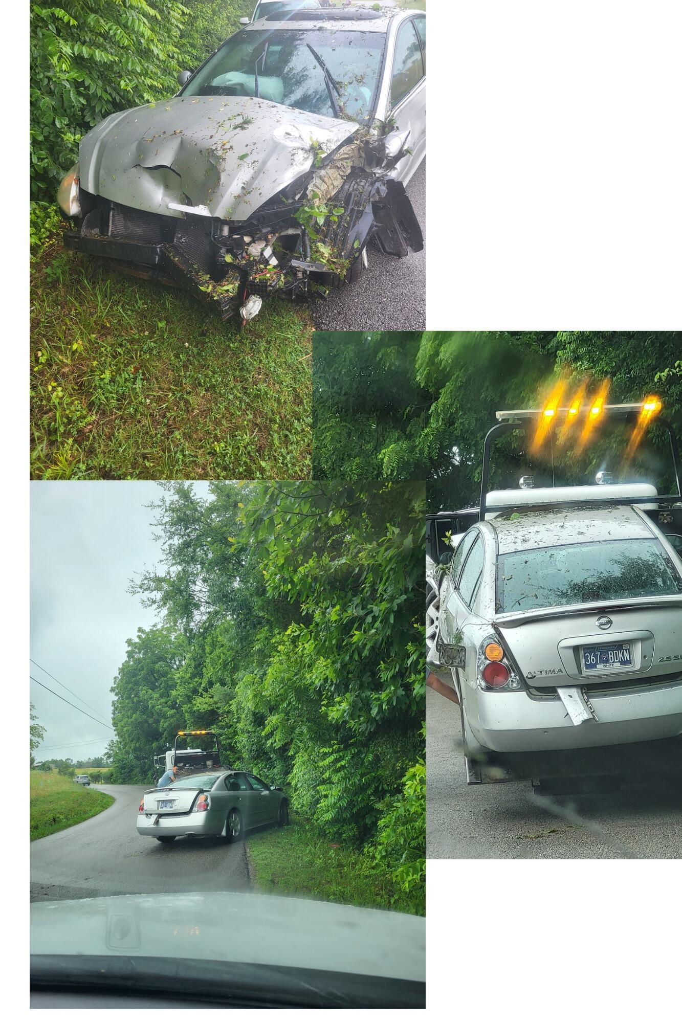 Colton got into an accident with a guard rail and some trees after a good rain less than a mile from our new home a week later