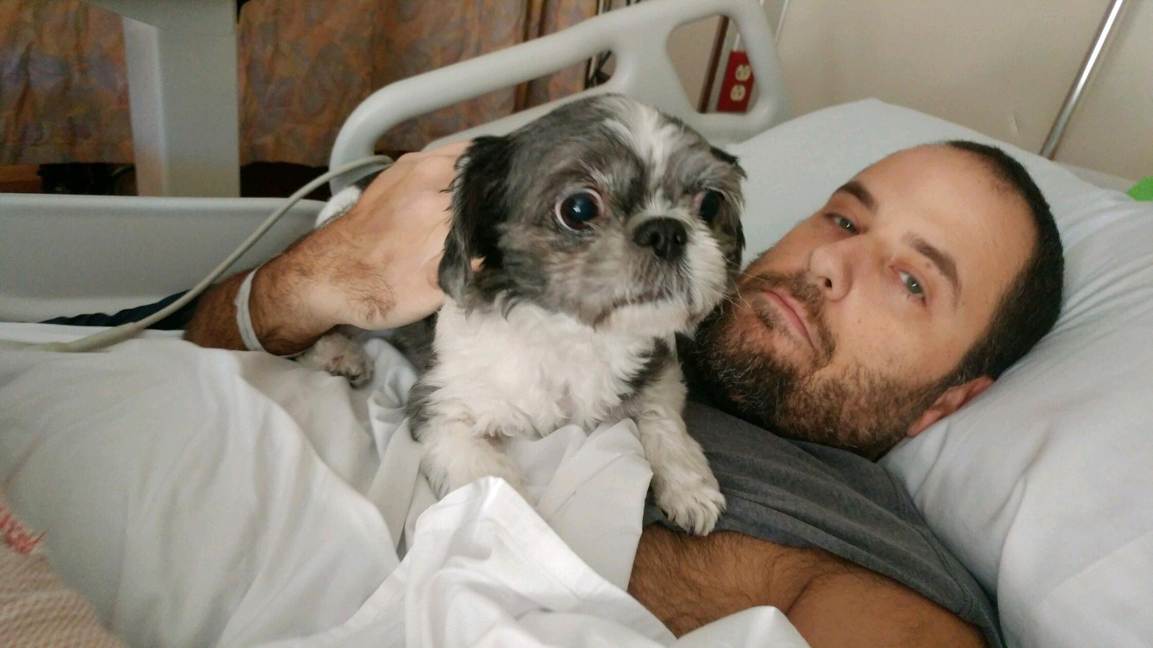 I snuck "Chicken" in to visit Daddy at the hospital! 🙈🙉🙊