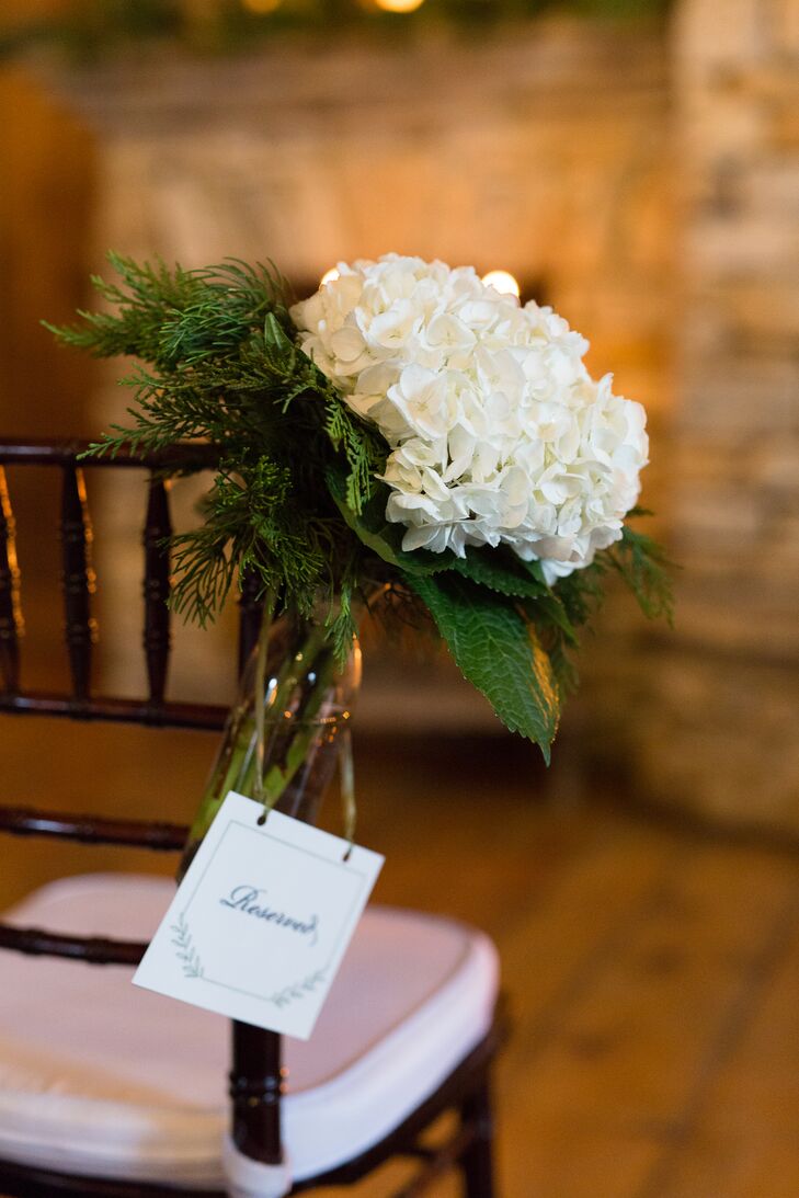 White Hydrangea And Pine Wedding Ceremony Aisle Decor