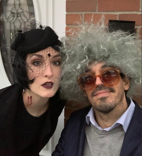 How fun, a socially distant Halloween on the front porch. We tossed candy down a tube that dropped into kids candy bags at the bottom of the porch stairs.
Meet Albert Einstein and Draculas Secretary. 