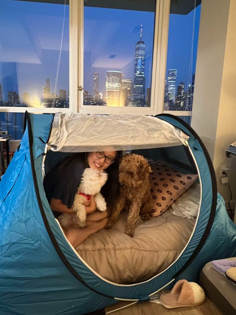 Camping at home with Miso and her friend.