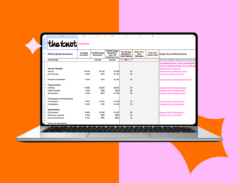 Wedding planning spreadsheet on a laptop against bright pink and orange backdrop