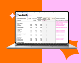 Wedding planning spreadsheet on a laptop against bright pink and orange backdrop